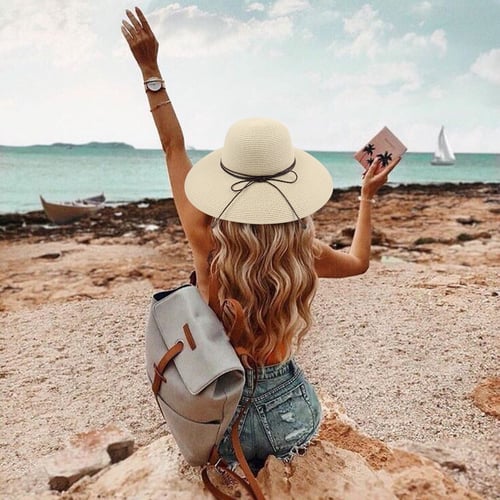 Women Fashion Foldable Ladies Summer Straw Hats Beach Sun Hat Bow Sunscreen Cap 