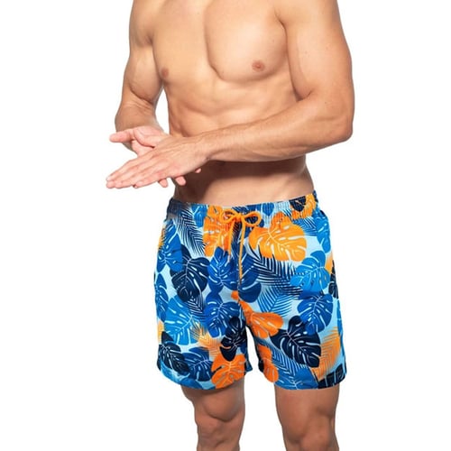 Mens Quick Dry Printed Short Swim Trunks Built-in Compression Liner Swimwear 