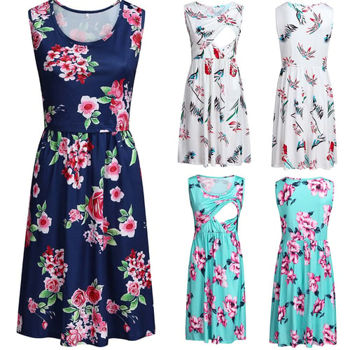 Womens Sleeveless Floral Maternity Dresses Nursing Breastfeeding Clothes with Pocket