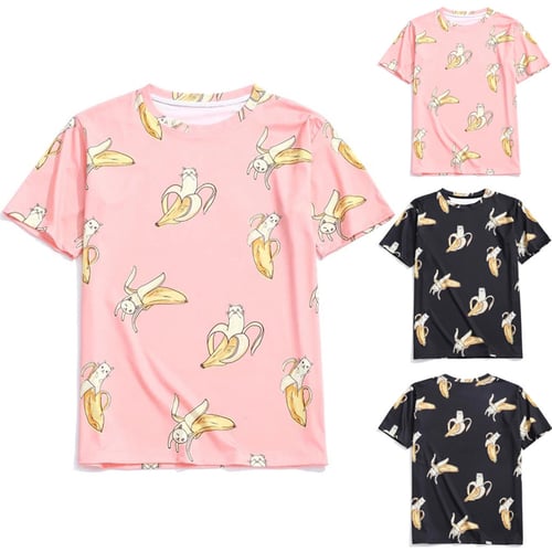 MIS1950s Summer Mens Fashion Casual Banana Cat Printing Short Sleeve T-Shirt Blouse Top 
