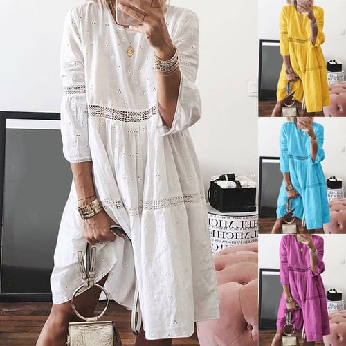 Women Boho Solid Crew Neck Dresses Hollow Out Splice 3/4 Sleeve Loose Long Dress