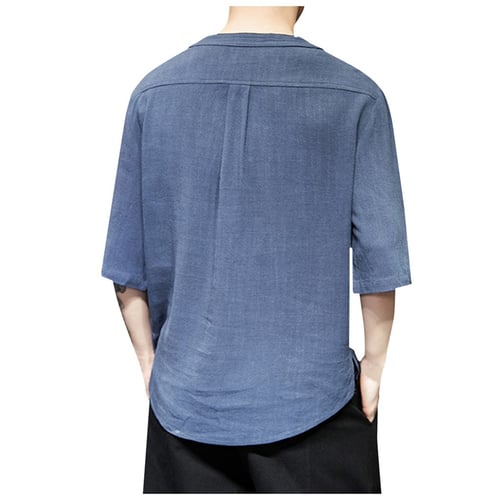 DIOMOR Mens Summer Vintage Pure Color Linen Patchwork Half Sleeve T-Shirt Comfort Tops 