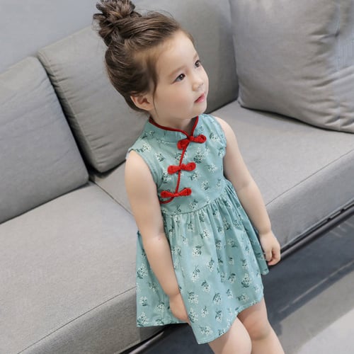 Infant Baby Girls Floral Dress Sleeveless Cheongsam Chinese Style Romper Clothes 