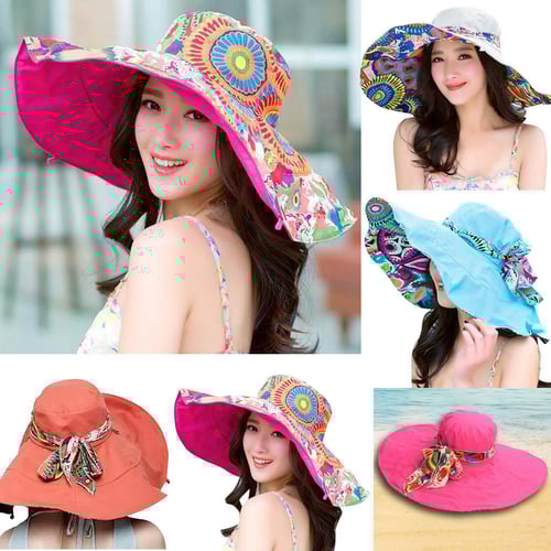 Beach Cap Women Print Two-Side Big Brim Straw Hat Sun Floppy Wide Brim Hats