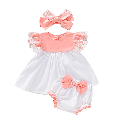 Newborn Baby Girl Dress Set Lace Dress Top+Bow PP Shorts Headband Outfits Set