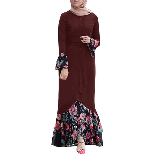 Women Floral Long Cocktail Muslim Long Dress Evening Party Islamic Abaya Robes