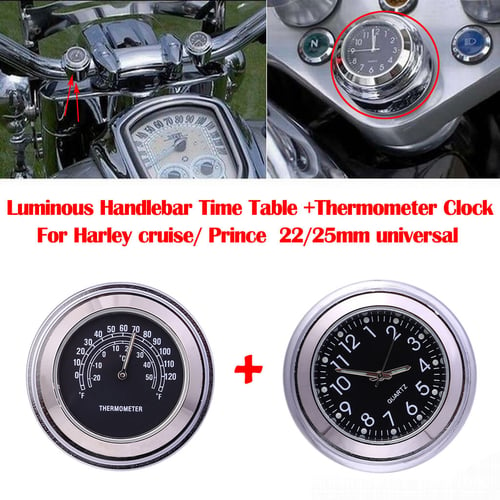 7/8" 22mm Handlebar Dial Clock Thermometer Temp Gauge Set for Motorcycle Chopper