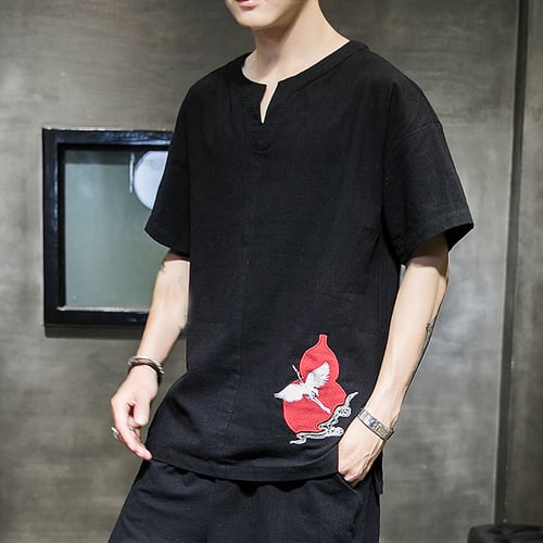 Summer Men's Vintage Style Chinese Crane Embroidery T-shirt Half-sleeve Cotton