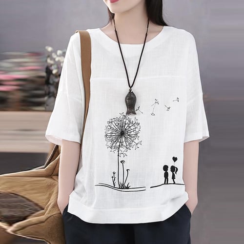 Cotton Linen Tops for Women Fashion Dandelion Print Blouses Plus Size Short Sleeve T Shirt Casual O Neck Tunic Tee
