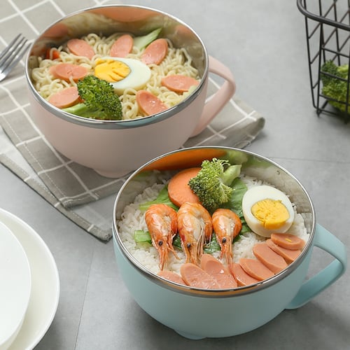 Stainless Steel Noodle Bowl With Handle Food Container Rice Bowl Soup Bowls 