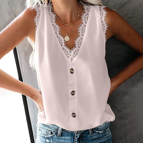 Women's V-Neck Lace Casual Solid Loose Sleeveless Shirts Tank Tops Blouse 