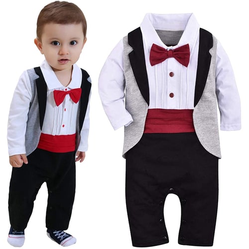 Baby Boy Formal Outfit Tuxedo Plaid Gentleman Suit Onesie Jumpsuit