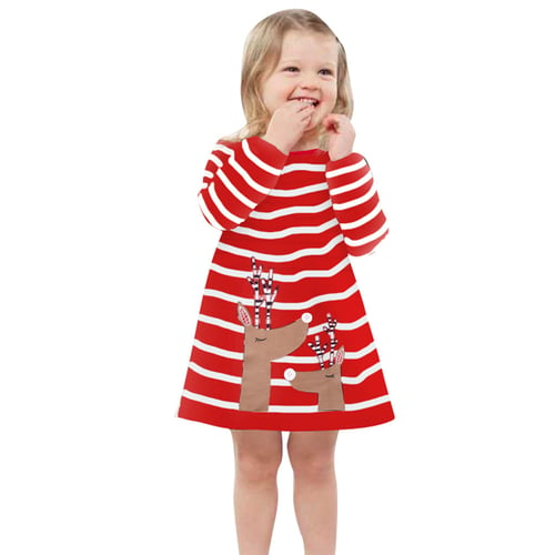Toddler Kids Baby Girls Santa Striped Princess Dress Christmas Outfits Clothes 
