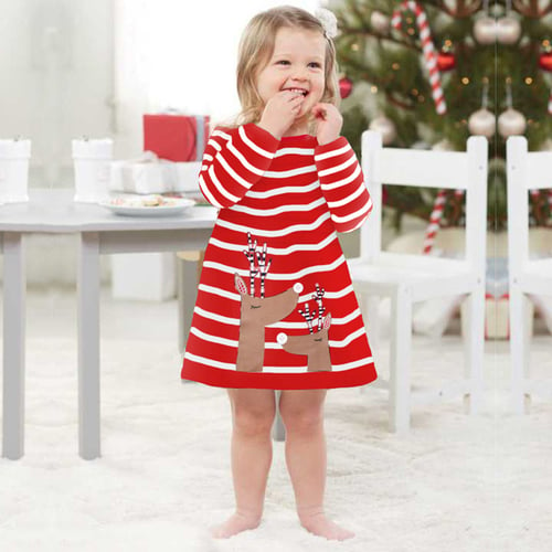 Cute Children Christmas Dress Baby Girl dress Stripped with Santa Claus Deer 