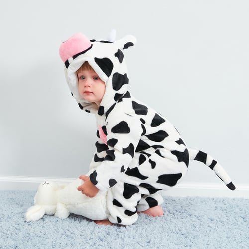 Newborn Infant Baby Flannel Cartoon Milch Cow Print Hooded Romper Jumpsuit Sets 