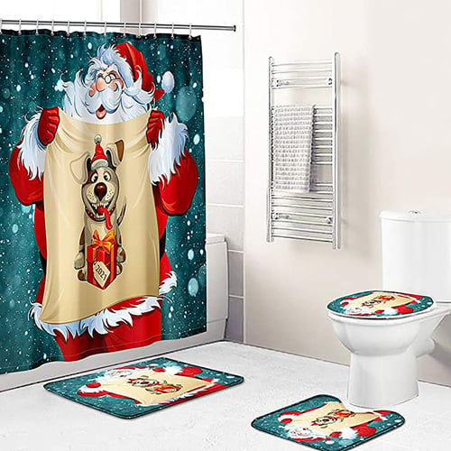 4Pcs Christmas Elk Shower Curtain Anti-slip Bathroom Carpet Toilet Cover Pad set 