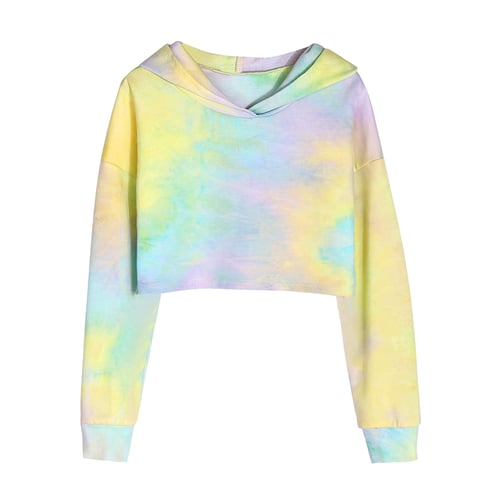 Kids Teen Girls Crop Tops Tie-Dye Hoodies Long Sleeve Pullover Sweatshirts Tops