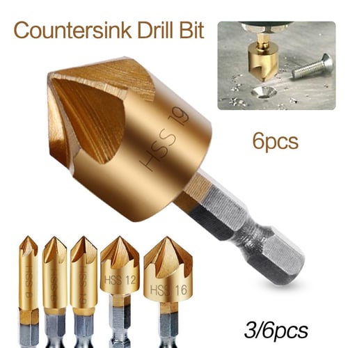 6PCS 6-19mm 5 Flute HSS 1/4" Hex Shank Chamfer Cutter Countersink Drill Bits Set 
