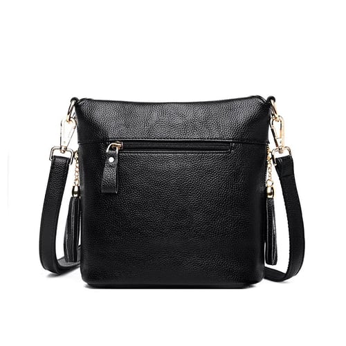 Womens Vintage Genuine Leather Black Tassel Bucket Bag Crossbody Messenger Bag 