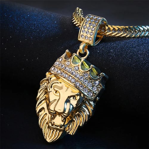 Jewelry Men Hip Hop Women Pendant Bling Lion Head Crystal Necklace 