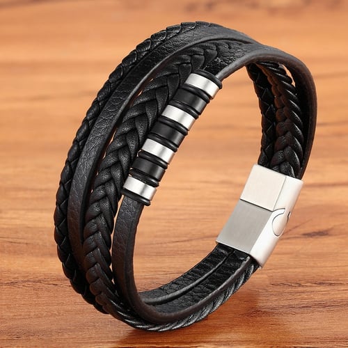 Bracelet Woven Leather Braided Black Hand Rope Bangle Mens Cuff Stainless Steel 