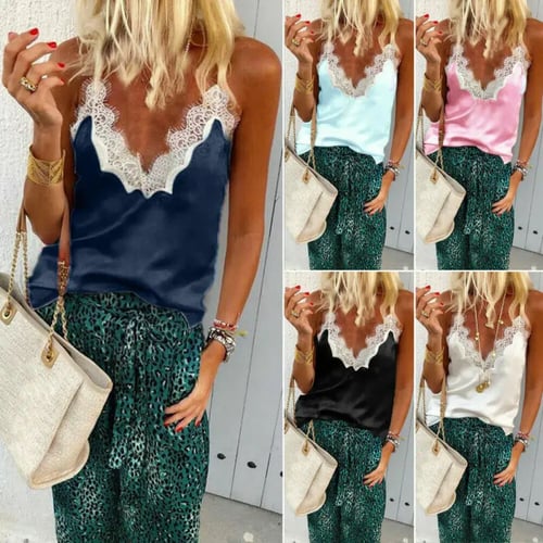 Women Summer Lace V-neck Strap Vest Tank Tops Casual Camisole Tee Blouse 