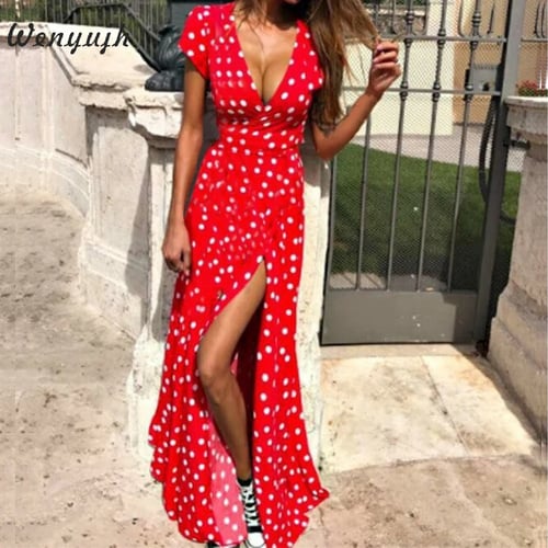 Women Plus Size Dress Casual Wrap Short and Flare Sleeve V-Neck Boho Floral Printed Party Split Maxi Dress 