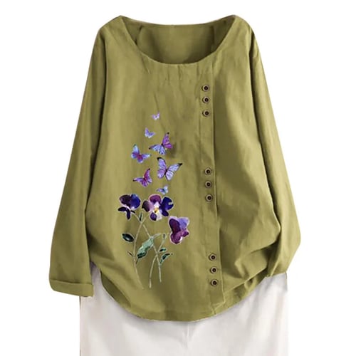 Womens Plus Size Clothes Vintage Cotton Linen Floral Print Blouse Casual Loose Long Sleeve Tunic Top Pockets M-5XL Womens Plus Size Clothes Vintage Cotton Linen Floral Print Blouse Casual Loose Long Sleeve Tunic Top Pockets M-5XL