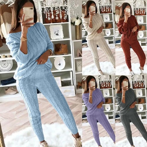 Women Knitted Sweater Pants Set Cashmere Clothing Sets 2 Pieces Knit Pants Suits Sporting