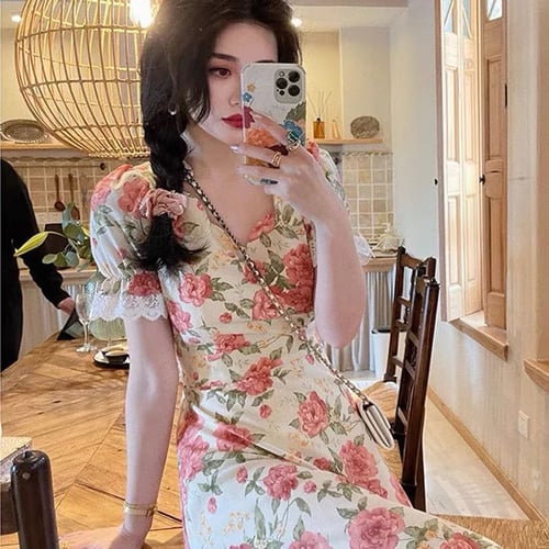 One Piece Dress Korean V Neck Vintage Dresses Women Short Sleeve Design Elegant Floral Dress Female Party 21 Summer Casual Buy One Piece Dress Korean V Neck Vintage Dresses Women Short Sleeve Design