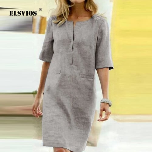 Women Baggy House Dress Casual Solid Loose Long Dress O-Neck Tank Sleeve Dress Sundress with Pocket Plus Size S-5XL