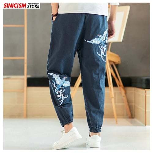 Summer Mens Chinese style Embroidered Cotton Linen Harem Pants Trousers Casual D