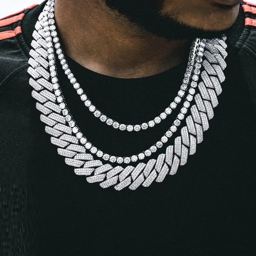 Silver Finish Hip Hop CZ Chain Mens Miami Cuban Chain necklace 