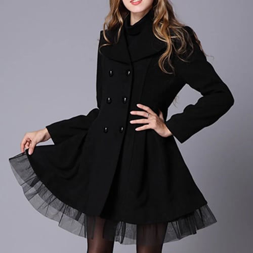 New Design Women Flare Double Ted, Black Flared Peacoats