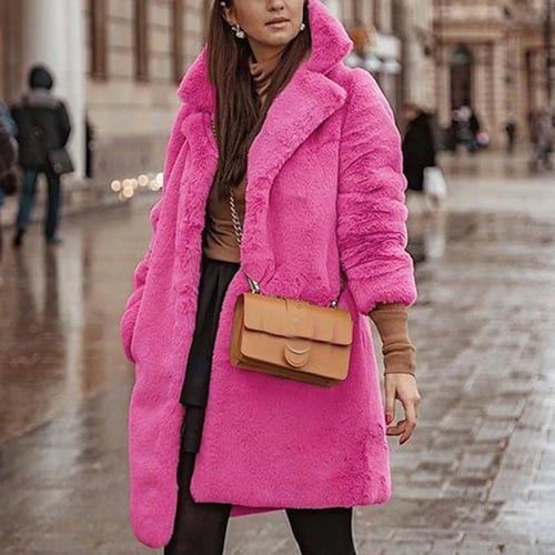 Winter Long Coat Women Pink, Pink Teddy Faux Fur Long Coat