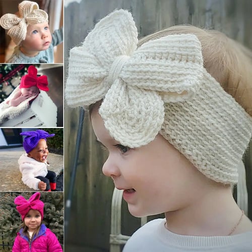Baby Girls Solid Knit Crochet Bow Headband Fashion Hairband Winter Warm Headwear 