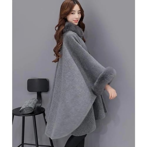 Womens Fashion Winter Wool Cape Coat Flare Sleeve Faux Fur Collar Poncho M ~ 3XL