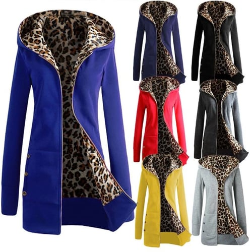 Fashion Women's Plus Cotton Velvet Thickened Hooded Sweater Leopard Zipper Coat 