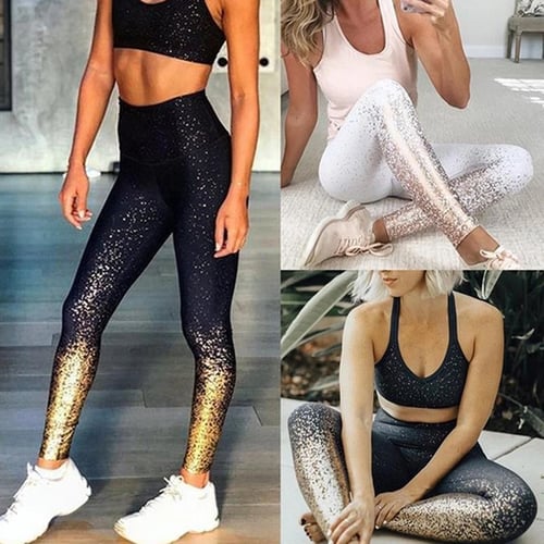 Womens Glitter Yoga Pants Fitness Sports Gym Workout Stretch Exercise Trousers