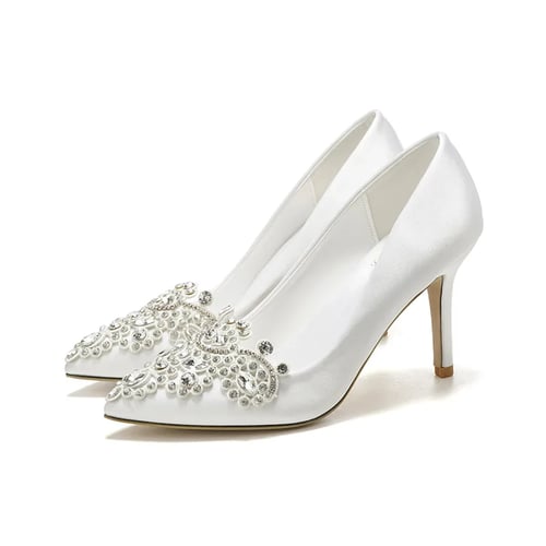 Bridesmaid Shoes Wedding Shoes White Lace Dress Banquet heel shoes Rhinestone 