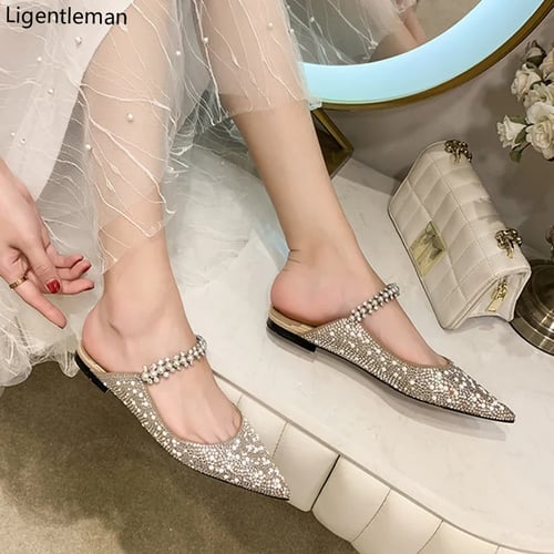 Summer Women Pearl Bow Flat Slippers Pointed Toe Mule Shoes Sandals New Party 