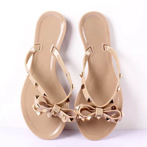Hot Womens Sandals Flat Heel Rivet Bowknot Flip Flops Jelly Beach Slippers Shoes 
