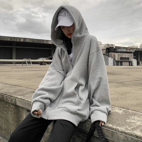 Zip Up Women Korean Style Hoodies Vintage Solid Color Long Sleeve Oversized Hooded Sweatshirt Lady Women Casual Large Coats Buy Zip Up Women Korean Style Hoodies Vintage Solid Color Long Sleeve Oversized Hooded