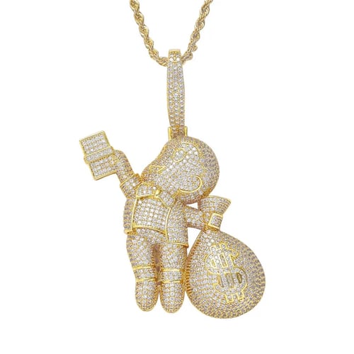 Men Iced Out Dollar Money Bag Pendant Necklace Cubic Zircon Bling Rapper Hip Hop Chain Jewelry for Gift