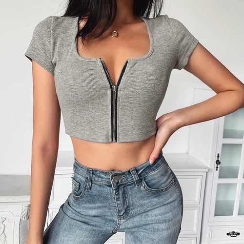 Sexy Front Zipper Short Sleeve O-Neck Crop Tops Women Summer Slim 