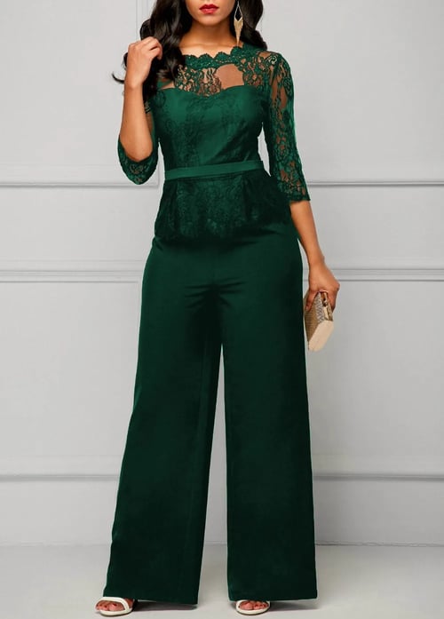 Women Flare Sleeve Jumpsuit Wide Leg Pants Playsuit Palazzo Trousers with Belt 