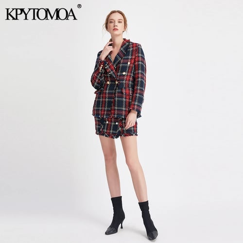 Vintage Double Breasted Frayed Checked Tweed Blazers Coat Women Fashion Pockets Plaid Ladies Outerwear 
