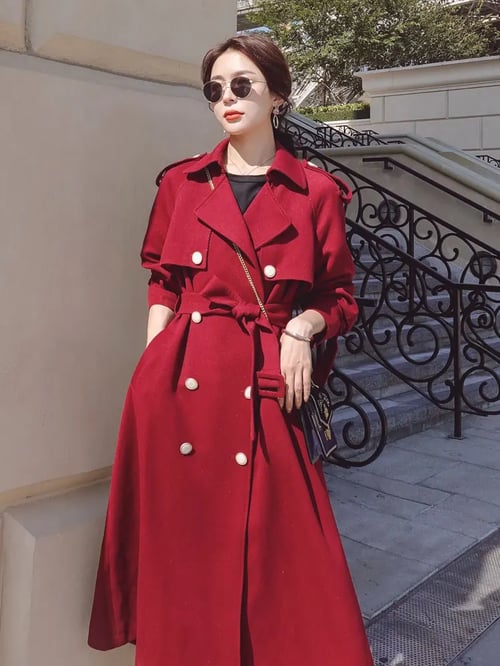 2020 New Autumn Women S Wine Red Color Trench Coat Temperament Long Windbreaker With Belt Double Ted Female Jacket Wine Red Color Trench Coat Temperament, Red Ladies Long Trench Coat
