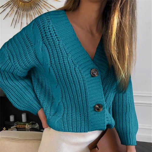 Vintage v Neck Solid Women Sweater Casual Long Sleeve Fashion Pullover Female 2019 Autumn Winter Blue 
