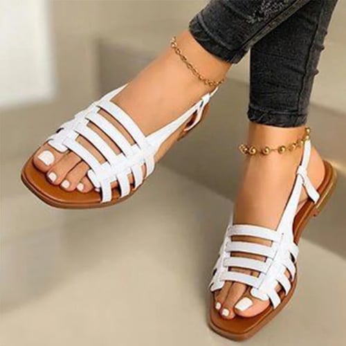Vintage Ladies Leather Open Toe Flats Sandals Summer Roman Casual Beach Shoes SZ 